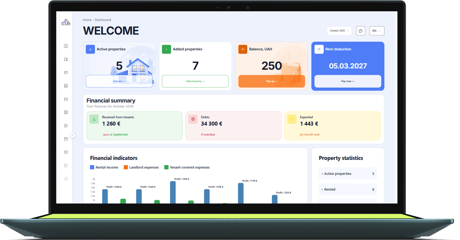 Панель керування LandlordKeeper на ноутбуці та смартфонах: зведення по об’єктах і фінансові показники